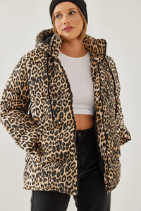 Kapişonu Bağcıklı Leopar Desenli Şişme Mont 2482 60351224 - Siyah-Camel