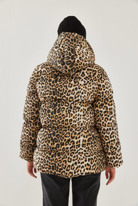 Kapişonu Bağcıklı Leopar Desenli Şişme Mont 2482 60351224 - Siyah-Camel