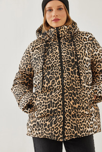 Kapişonu Bağcıklı Leopar Desenli Şişme Mont 2482 60351224 - Siyah-Camel
