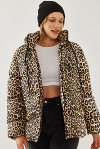 Kapişonu Bağcıklı Leopar Desenli Şişme Mont 2482 60351224 - Siyah-Camel