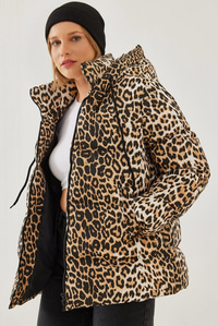 Kapişonu Bağcıklı Leopar Desenli Şişme Mont 2482 60351224 - Siyah-Camel