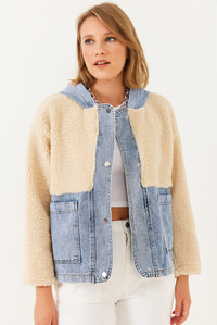 Kapüşonlu Denim Detaylı Peluş Ceket 60251807 - Bej CEKET modelleri