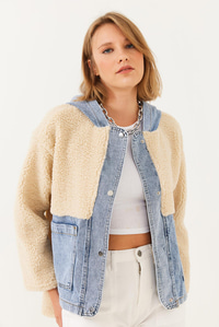 Kapüşonlu Denim Detaylı Peluş Ceket 60251807 - Bej CEKET modelleri