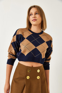 Kare Desenli Crop Triko Kazak 60351297 - Lacivert-Camel