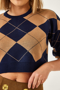 Kare Desenli Crop Triko Kazak 60351297 - Lacivert-Camel