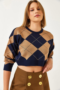 Kare Desenli Crop Triko Kazak 60351297 - Lacivert-Camel