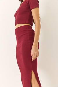 Kare Yaka Kısa Kollu Crop Yırtmaç Detaylı Kaşkorse Alt-Üst Takım 60284032 - Bordo