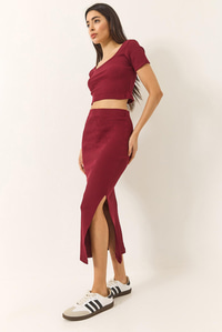 Kare Yaka Kısa Kollu Crop Yırtmaç Detaylı Kaşkorse Alt-Üst Takım 60284032 - Bordo