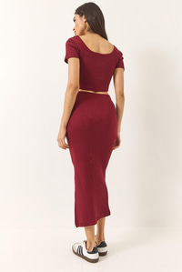 Kare Yaka Kısa Kollu Crop Yırtmaç Detaylı Kaşkorse Alt-Üst Takım 60284032 - Bordo