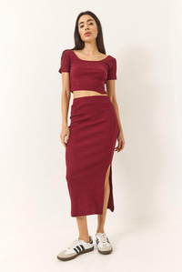 Kare Yaka Kısa Kollu Crop Yırtmaç Detaylı Kaşkorse Alt-Üst Takım 60284032 - Bordo