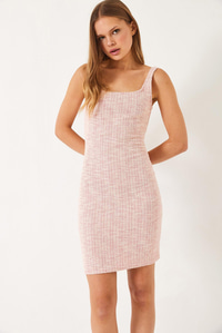 Kare Yaka Tüvit Mini Elbise 60261371 - Pudra