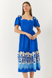 Karpuz Kol Kare Yaka Desenli Terikoton Elbise 60261412 - Saks
