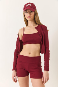 Kaşkorse İnce Askılı Crop Hırka Şortlu Üçlü Takım 60284033 - Bordo