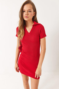 Kaşkorse Polo Yaka Mini Basic Elbise 60284008 - Kırmızı