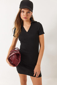 Kaşkorse Polo Yaka Mini Basic Elbise 60284008 - Siyah