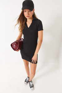 Kaşkorse Polo Yaka Mini Basic Elbise 60284008 - Siyah