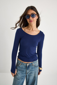 Kayık Yaka Parmak Geçirmeli Basic Bluz 0242 60284029 - Lacivert