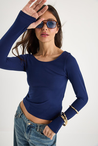 Kayık Yaka Parmak Geçirmeli Basic Bluz 0242 60284029 - Lacivert