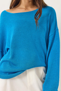 Kayık Yaka Triko Merserize Basic Bluz 251014 60283138 - Mavi