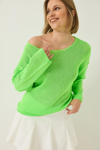 Kayık Yaka Triko Merserize Basic Bluz 251014 60283138 - Neon Yeşil