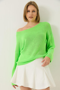 Kayık Yaka Triko Merserize Basic Bluz 251014 60283138 - Neon Yeşil