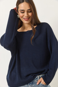 Kayık Yaka Triko Merserize Basic Bluz 251014 60283138 - Lacivert