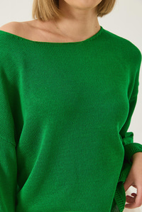 Kayık Yaka Triko Merserize Basic Bluz 251014 60283138 - Yeşil