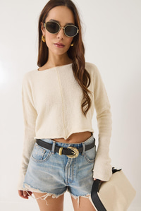 Kayık Yaka Uzun Kollu Basic Crop Bluz 241115 60261398 - Bej