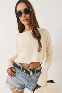 Kayık Yaka Uzun Kollu Basic Crop Bluz 241115 60261398 - Bej