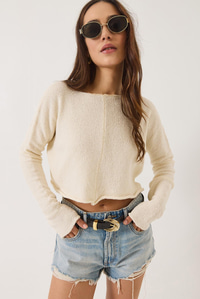 Kayık Yaka Uzun Kollu Basic Crop Bluz 241115 60261398 - Bej