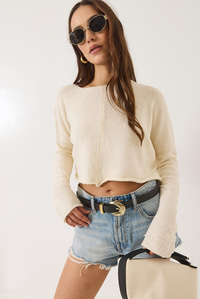 Kayık Yaka Uzun Kollu Basic Crop Bluz 241115 60261398 - Bej