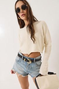 Kayık Yaka Uzun Kollu Basic Crop Bluz 241115 60261398 - Bej