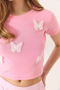 Kelebek Aksesuarlı Bisiklet Yaka Basic Penye Crop T-Shirt  60284041 - Pembe