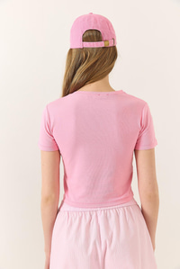 Kelebek Aksesuarlı Bisiklet Yaka Basic Penye Crop T-Shirt  60284041 - Pembe