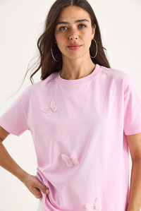 Kelebek Aksesuarlı Bisiklet Yaka Pamuklu T-Shirt 60602071 - Şeker Pembe