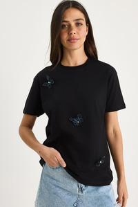 Kelebek Aksesuarlı Bisiklet Yaka Pamuklu T-Shirt 60602071 - Siyah