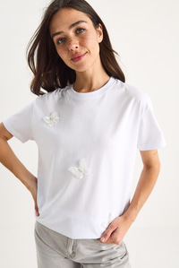 Kelebek Aksesuarlı Bisiklet Yaka Pamuklu T-Shirt 60602071 - Beyaz