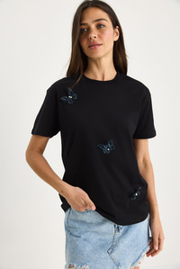 Kelebek Aksesuarlı Bisiklet Yaka Pamuklu T-Shirt 60602071 - Siyah