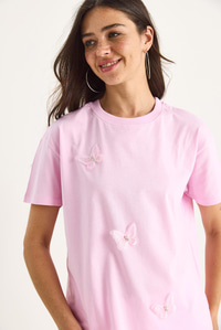 Kelebek Aksesuarlı Bisiklet Yaka Pamuklu T-Shirt 60602071 - Şeker Pembe