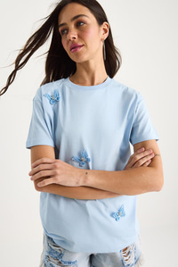 Kelebek Aksesuarlı Bisiklet Yaka Pamuklu T-Shirt 60602071 - Bebe Mavisi