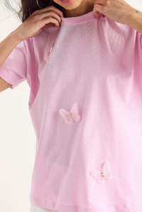 Kelebek Aksesuarlı Bisiklet Yaka Pamuklu T-Shirt 60602071 - Şeker Pembe