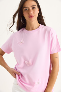 Kelebek Aksesuarlı Bisiklet Yaka Pamuklu T-Shirt 60602071 - Şeker Pembe