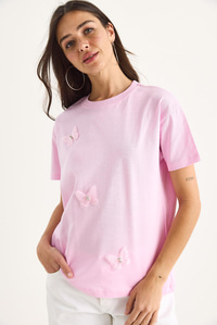 Kelebek Aksesuarlı Bisiklet Yaka Pamuklu T-Shirt 60602071 - Şeker Pembe