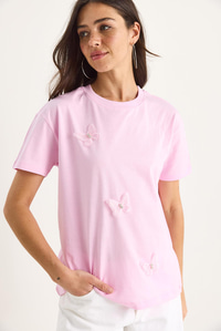 Kelebek Aksesuarlı Bisiklet Yaka Pamuklu T-Shirt 60602071 - Şeker Pembe