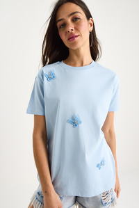 Kelebek Aksesuarlı Bisiklet Yaka Pamuklu T-Shirt 60602071 - Bebe Mavisi