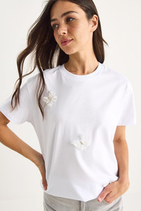 Kelebek Aksesuarlı Bisiklet Yaka Pamuklu T-Shirt 60602071 - Beyaz