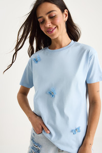 Kelebek Aksesuarlı Bisiklet Yaka Pamuklu T-Shirt 60602071 - Bebe Mavisi
