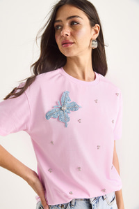 Kelebek Aksesuarlı Taş İşlemeli Kısa Kollu T-Shirt 60602036 - Pembe