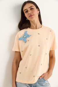 Kelebek Aksesuarlı Taş İşlemeli Kısa Kollu T-Shirt 60602036 - Yavru Ağzı