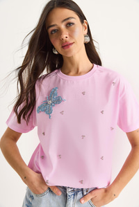 Kelebek Aksesuarlı Taş İşlemeli Kısa Kollu T-Shirt 60602036 - Pembe